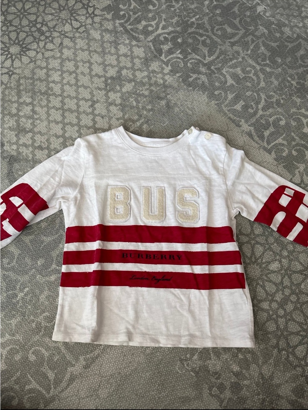 Burberry White Tee with Red Stripe Accents - Kids Long Sleeve